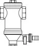 Zeichnung eines Separator-Elements mit zwei seitlichen Anschlüssen und einem Auslass. Produkt von IMI Hydronic Engineering, geeignet für die Trennung von Luft und Wasser in Heizungsanlagen.